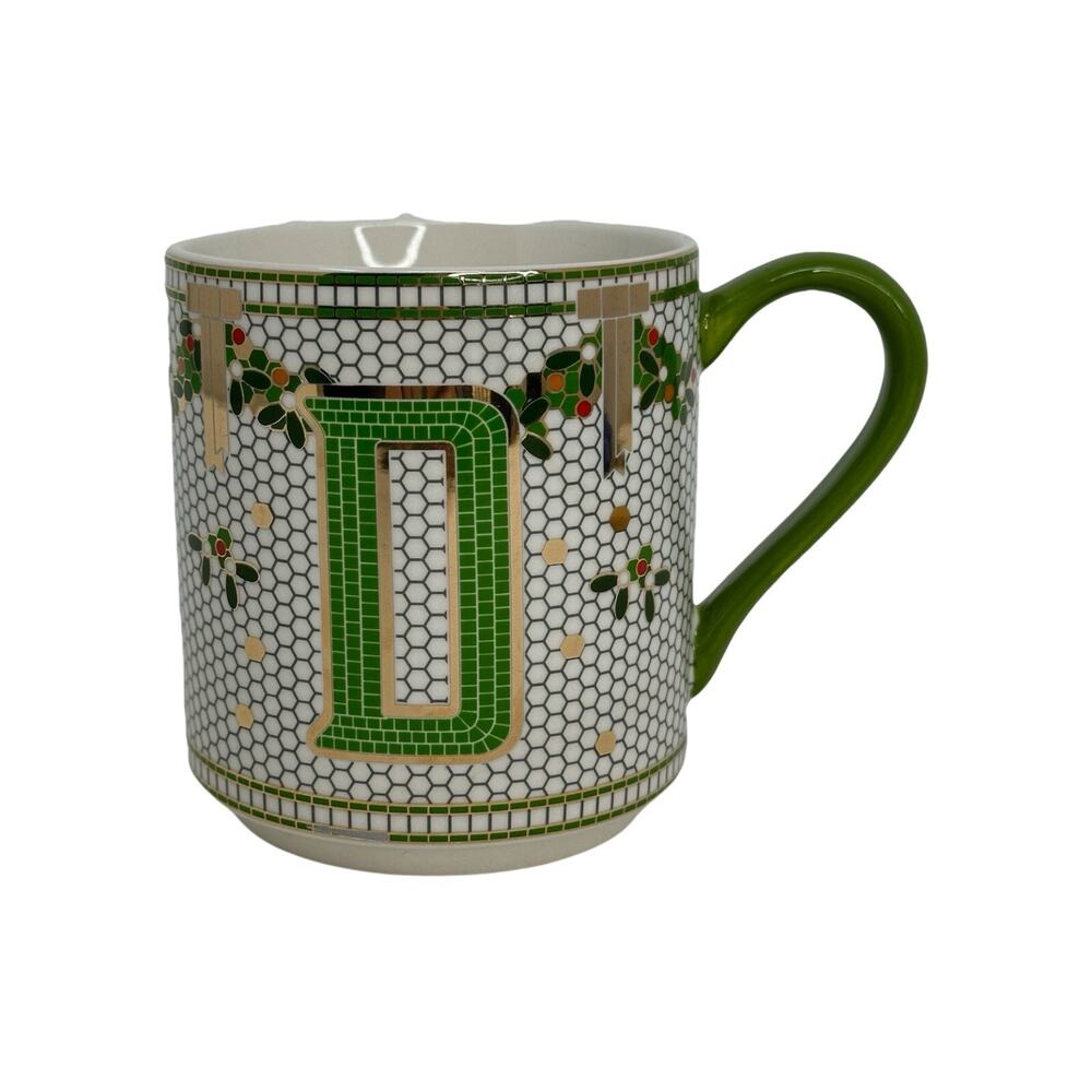 Anthropologie Bistro Tile Holiday Initial “D” Mug METALLIC GREEN RED GOLD